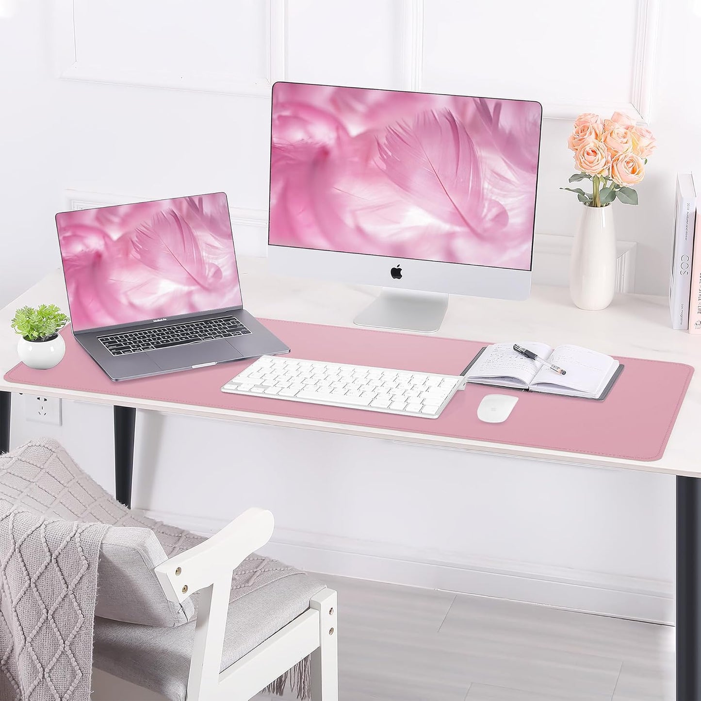 Leather Desk pad Protector, Large Desk mat with Natural Cork & PU Leather,Mouse pad,Non-Slip Office Desk Mat,Waterproof Desk Writing Pad for Office and Home (47in*17in,Rose Pink)