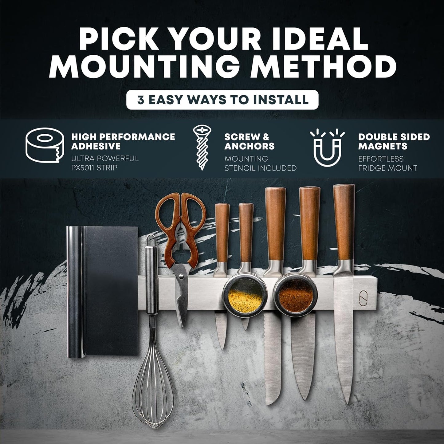 24" Magnetic Knife Holder for Wall with 2x Storage - Safe, Patented Storage Design - Stainless Steel Knife Magnetic Strip, Under Cabinet Knives Storage - Magnet Strip Rack Kitchen Utensil Organizer