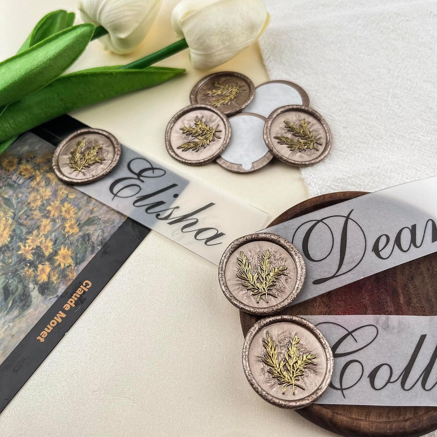 25Pcs Gold & Champagne Gold Seal Stickers Handmade Envelope Seals Self Adhesive for Wedding Party Invitations, Gift Wrap, Christmas (Gold Rosemary Style, Champagne Gold Wax)