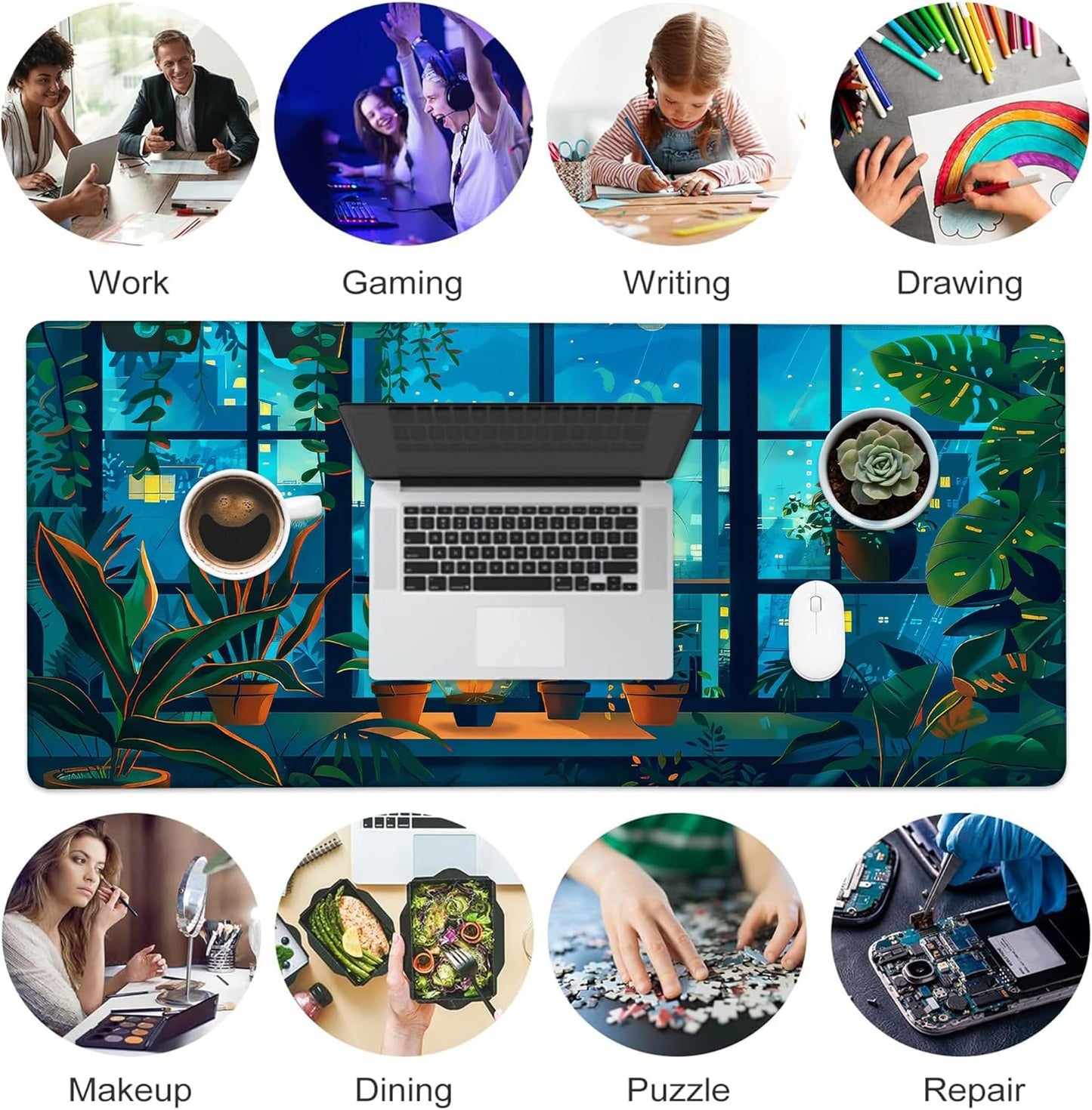 Desk Mat, Cute Lofi Anime Black Cat Green Plants Large Gaming Mouse Pad with Non-Slip Base Stitched Edges,Desk pad for Keyboard and Mouse Home Office 35.4"x15.7"