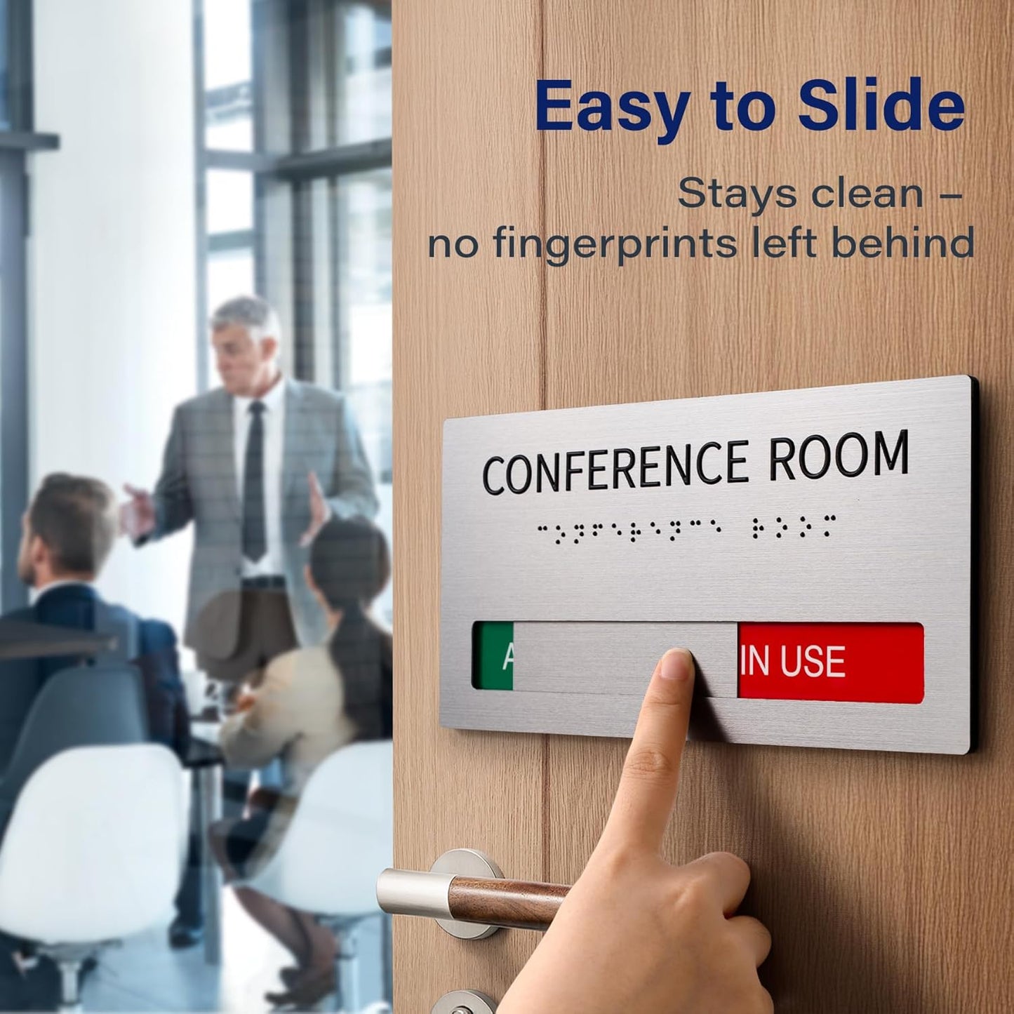 Conference Room Office Door Signs Do Not Disturb, In Use/Available Slider Sign with Raised Text & Grade 2 Braille, Conference Vacant Occupied Sign Brushed Aluminum/Silver