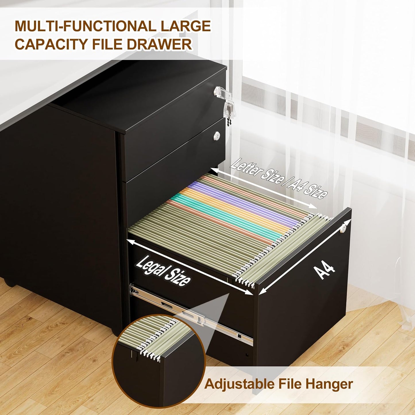 Mobile File Cabinet with 3 Locks, 3 Drawer File Cabinets for Home Office, Under Desk Metal Filing Cabinet for A4/Letter/Legal, Lockable, Fully Assembled Except Castors, Black