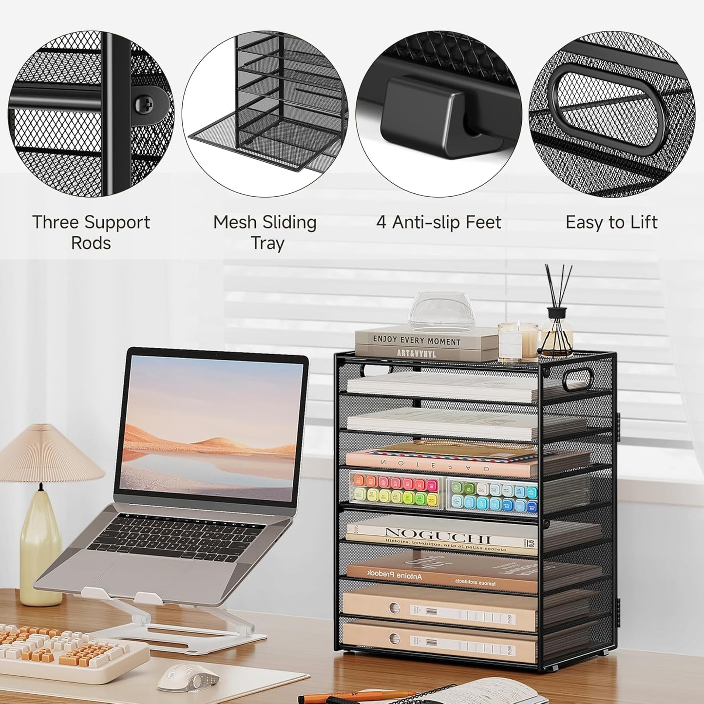 SUBEKYU 9 Tier Paper Organizer for Desk - Black Metal Mesh Letter Tray File Paper Sorter Organizer Include 6 Pcs Adjustable Height Slid Tray with Handles for Office School Home Organization Storage