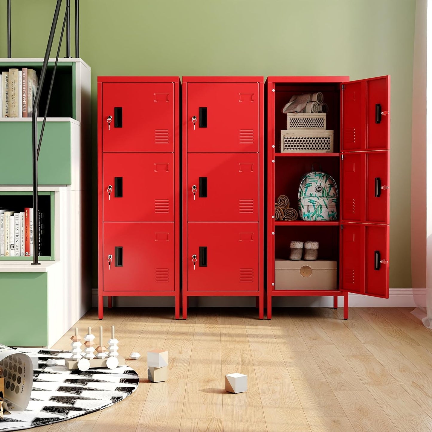 Metal Storage Locker with Ventilation Holes, Metal Storage Locker with Lock and Card Slof for Children Room, School, Office, Home,47.3" H x 15.8" W x 15.8" D,Assembly Required,Red