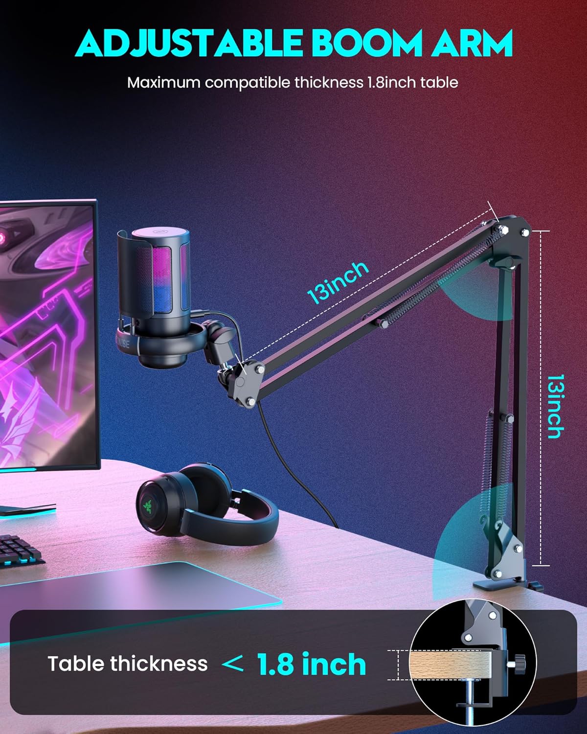 Gaming Microphone, USB PC Mic for Podcasts Videos, Streaming, Condenser Mic with Quick Mute, Tripod Stand, Pop Filter, RGB Indicator, Shock Mount, Rotate gain button, Compatible with PS4/5/PC