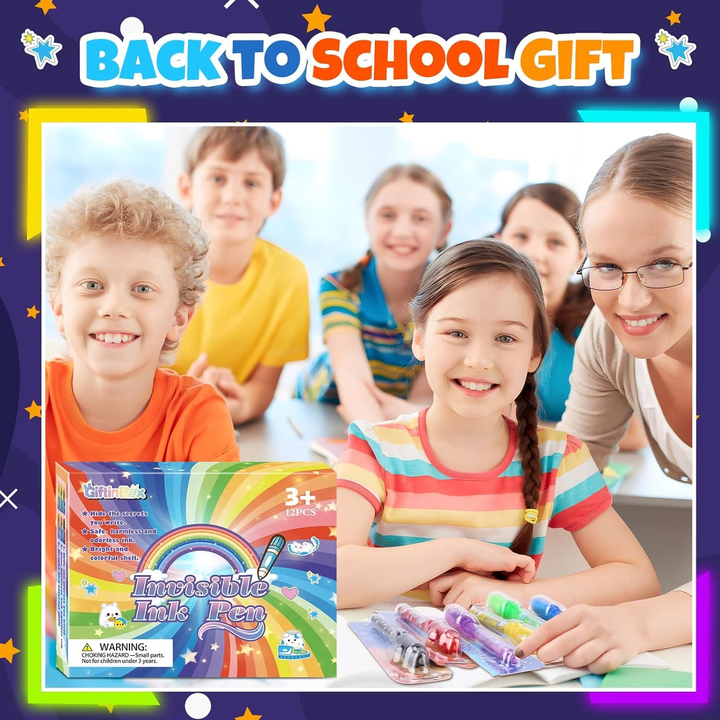 GIFTINBOX Invisible Ink Pen with UV Light for Kids, 12PCS Spy Pen Party Favors for Kids 8-12, Magic Marker for Secret Message, School Supplies Birthday Goody Bag Stuffers for Boys Girls