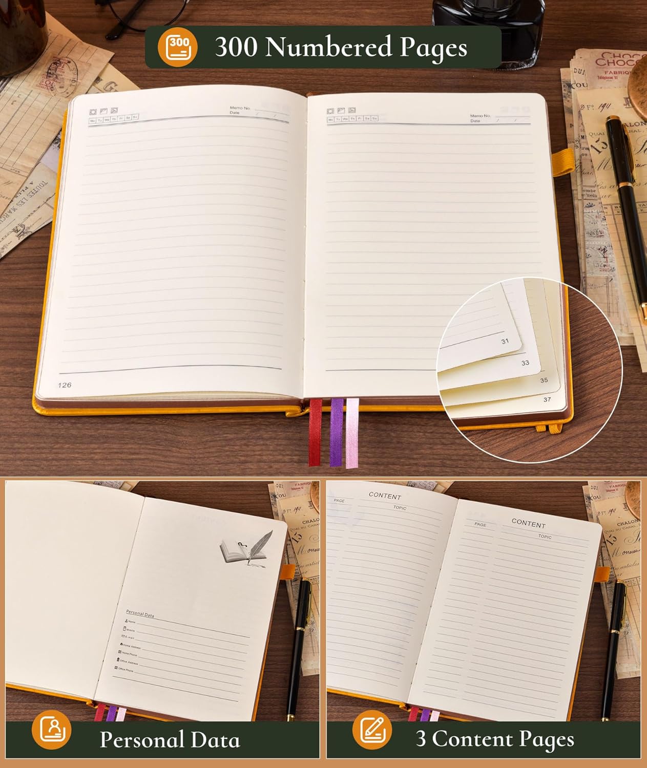 Vintage Leather Journal with 300 Numbered Pages,A4 Lined Journal for Men Women,Daily Journals for Writing,College Ruled Notebook for Work,School,Note taking,Travel Diary,Large (8.5" X 11.3")