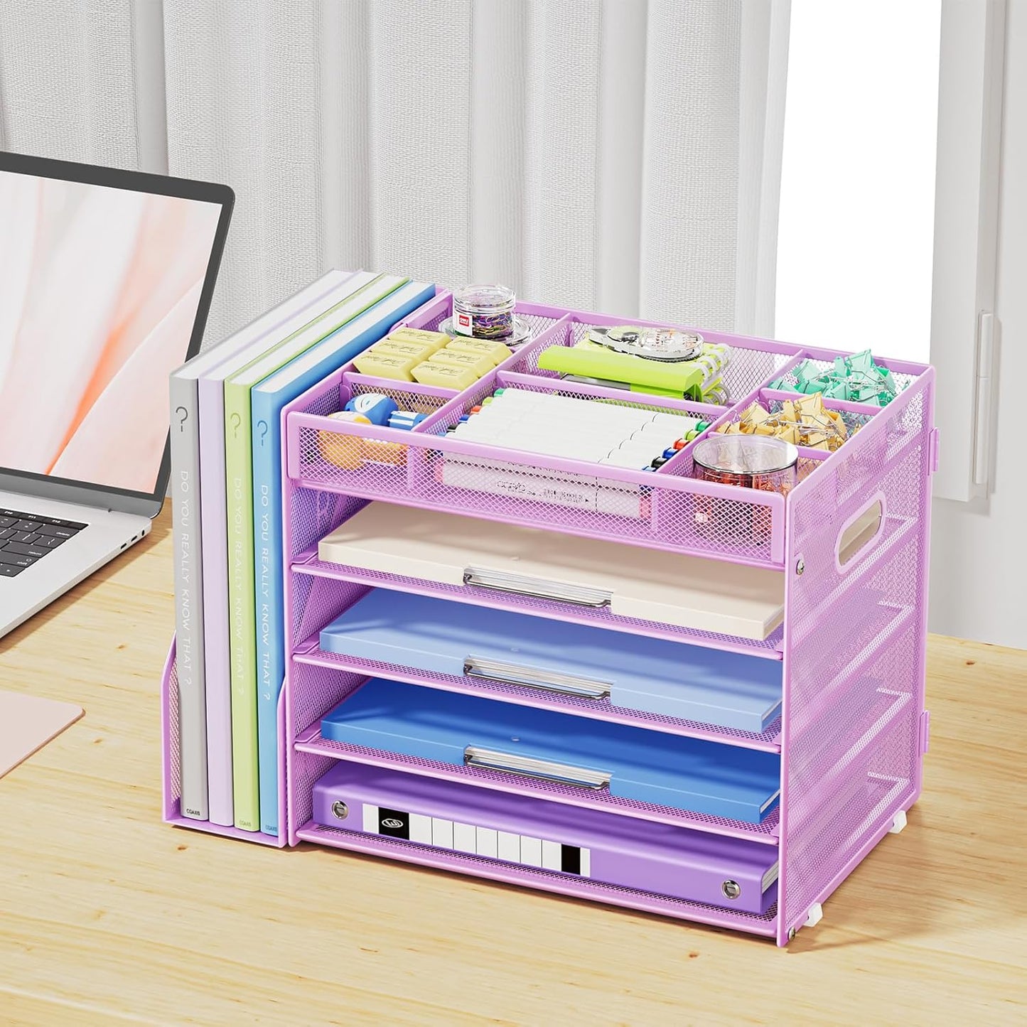 Marbrasse 5-Tier Desk Organizer with File Holder,Paper Letter Tray Organizer,Desktop File Organizer with Adjustable Compartments,Mesh Desk Organizers and Accessories for Office Supplies,Purple