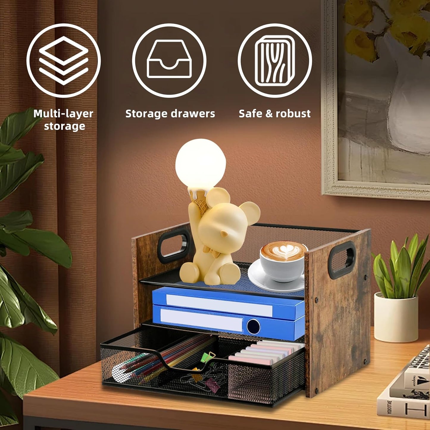 Wood Desk Organizer - 3-Tier Desktop File Organizer with Drawer, Wooden Paper Tray, Office Desk Organzier and Accessories for Papers, Mail, Notebooks, Stationery