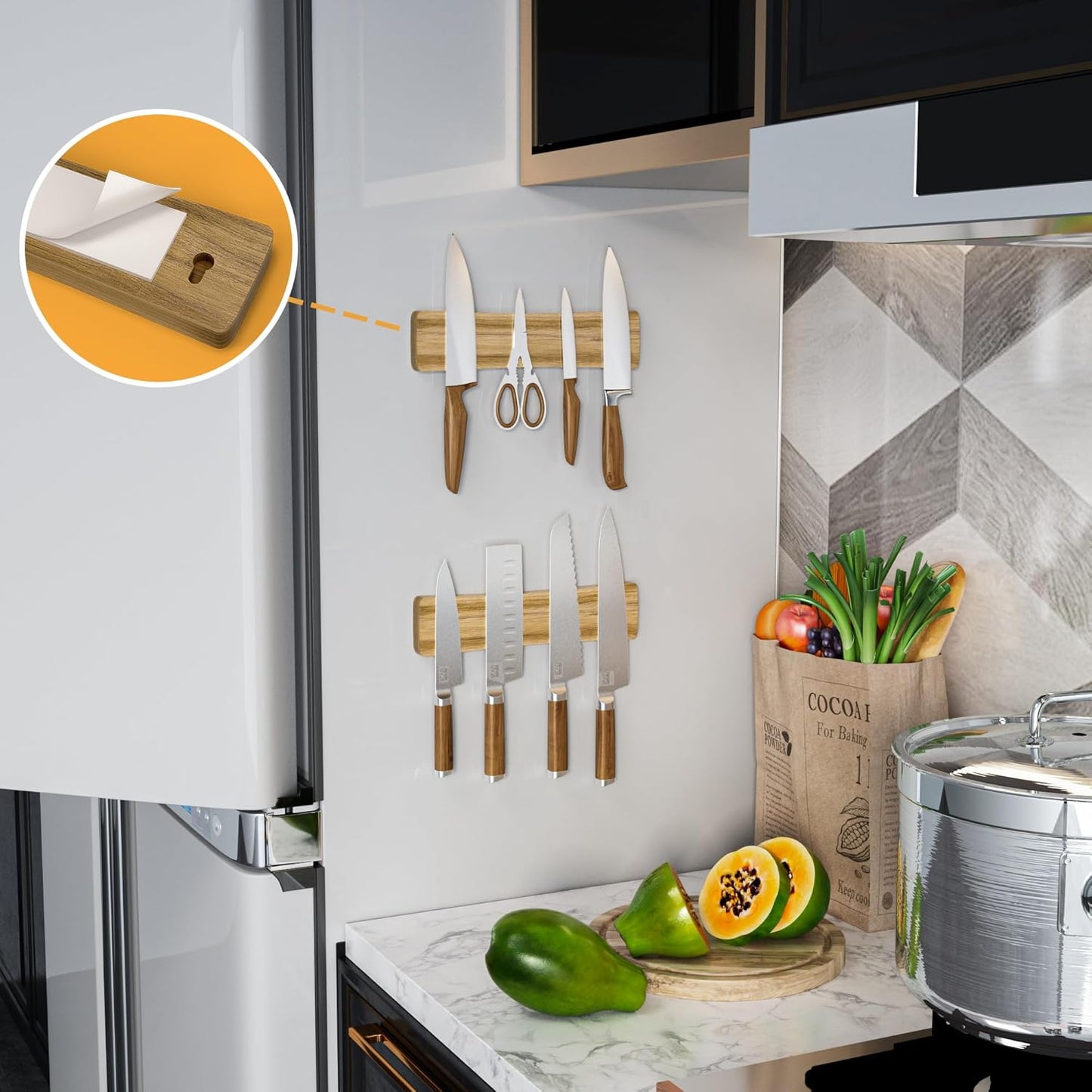 Magnetic Knife Holder for Wall, 10" Acacia Wood Knife Magnetic Strip No Drill Knife Magnet Storage Bar Magnetic Tool Key Holder Strip for Wall Use as Knife Rack for Kitchen Utensil Organizer Natural