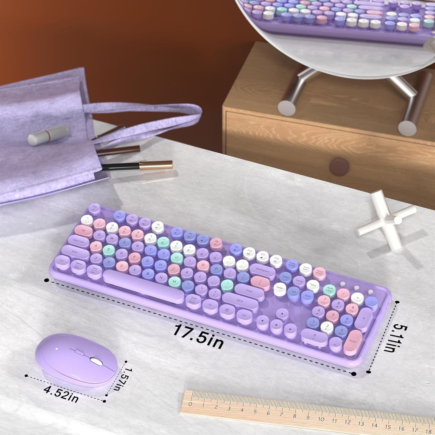 Colorful Wireless Computer Keyboard and Mouse Combo with Round Typewriter Keycaps, Retro Design, Power Switch, Ergonomic Design, 2.4GHz Wireless for Windows, Mac, PC(Purple-Colorful)