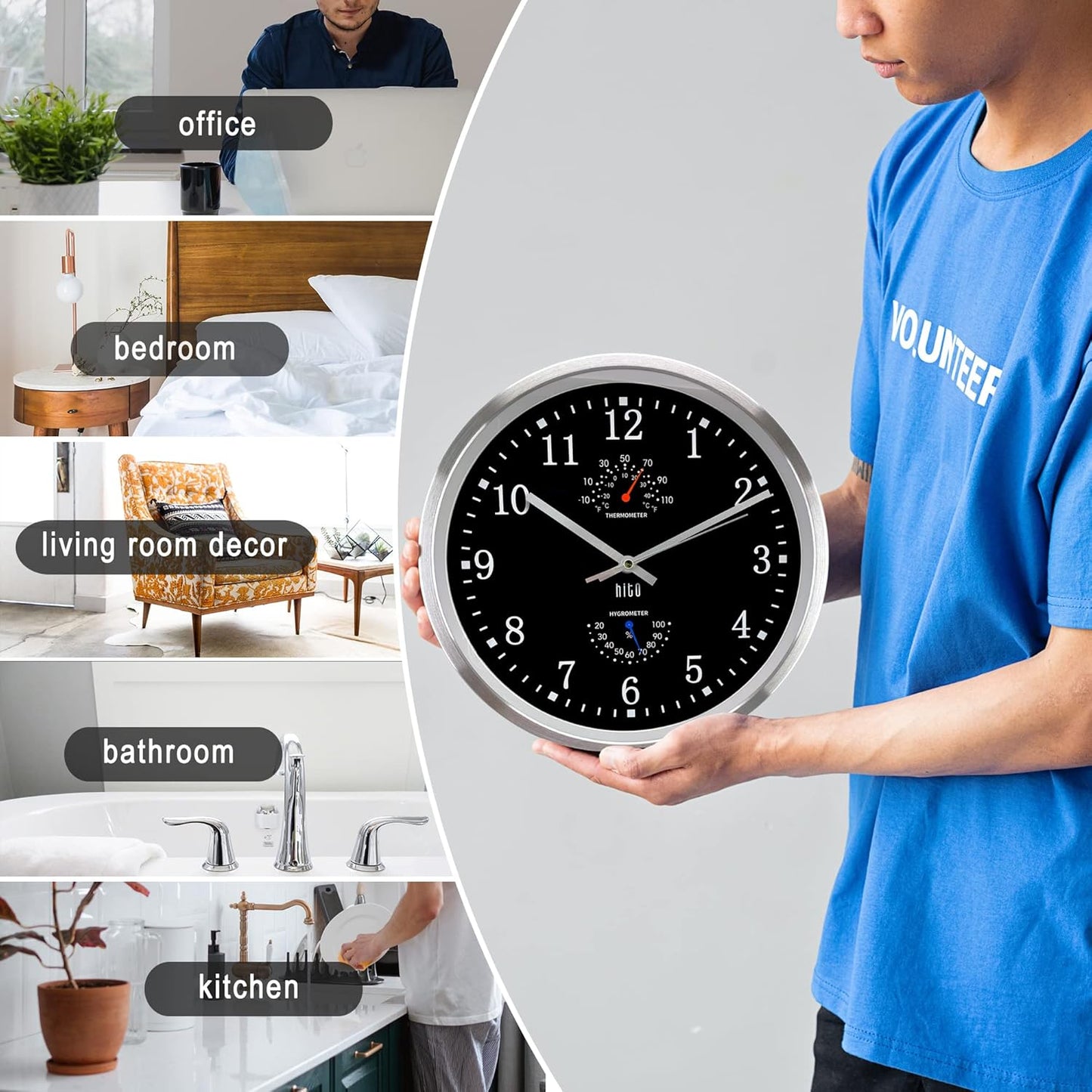 HITO 12 Inch Silent Wall Clock Battery Operated Non Ticking Glass Cover Silver Aluminum Frame, for Kitchen, Bedroom, Home Office, Living Room Decor (12" Black)