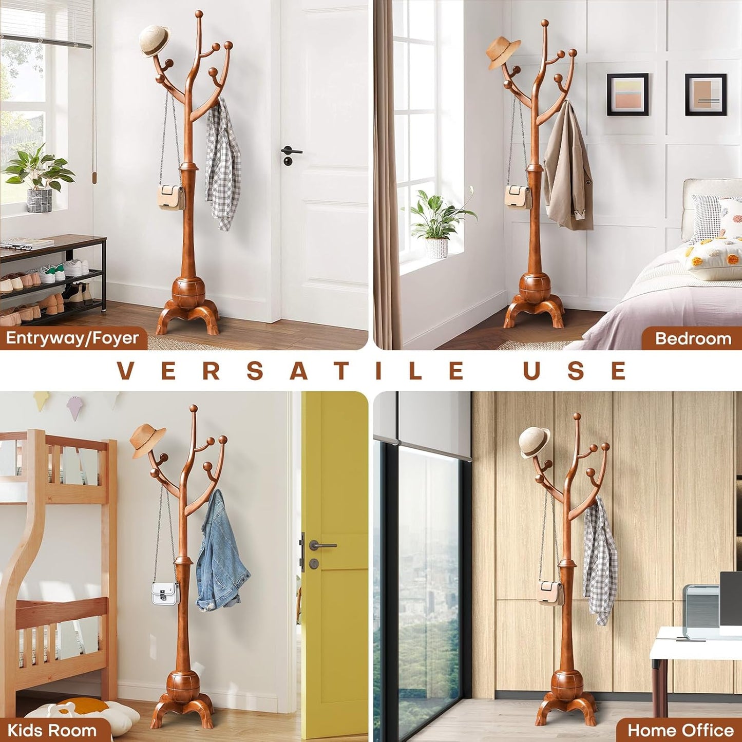 Coat Rack Freestanding Wood Tree Rack with 8 Hooks, Creative Design Tree Branch-look, Coat Tree Clothes Hanger Stand with Stable Sphere Base for Entryway, Hallway, Bedroom - Load 160lbs (Light Brown)