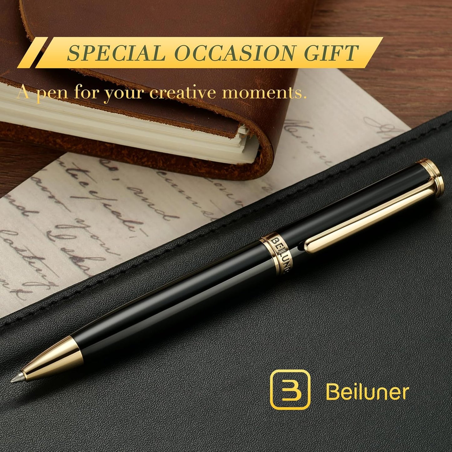 BEILUNER Luxury Gel Pen with 24K Gold Finish, Black Piano Lacquer, Luxury Grade Craftsmanship, Best Pen Gift Set for Men and Women, Professional, Executive, Office, Retractable Nice Pens