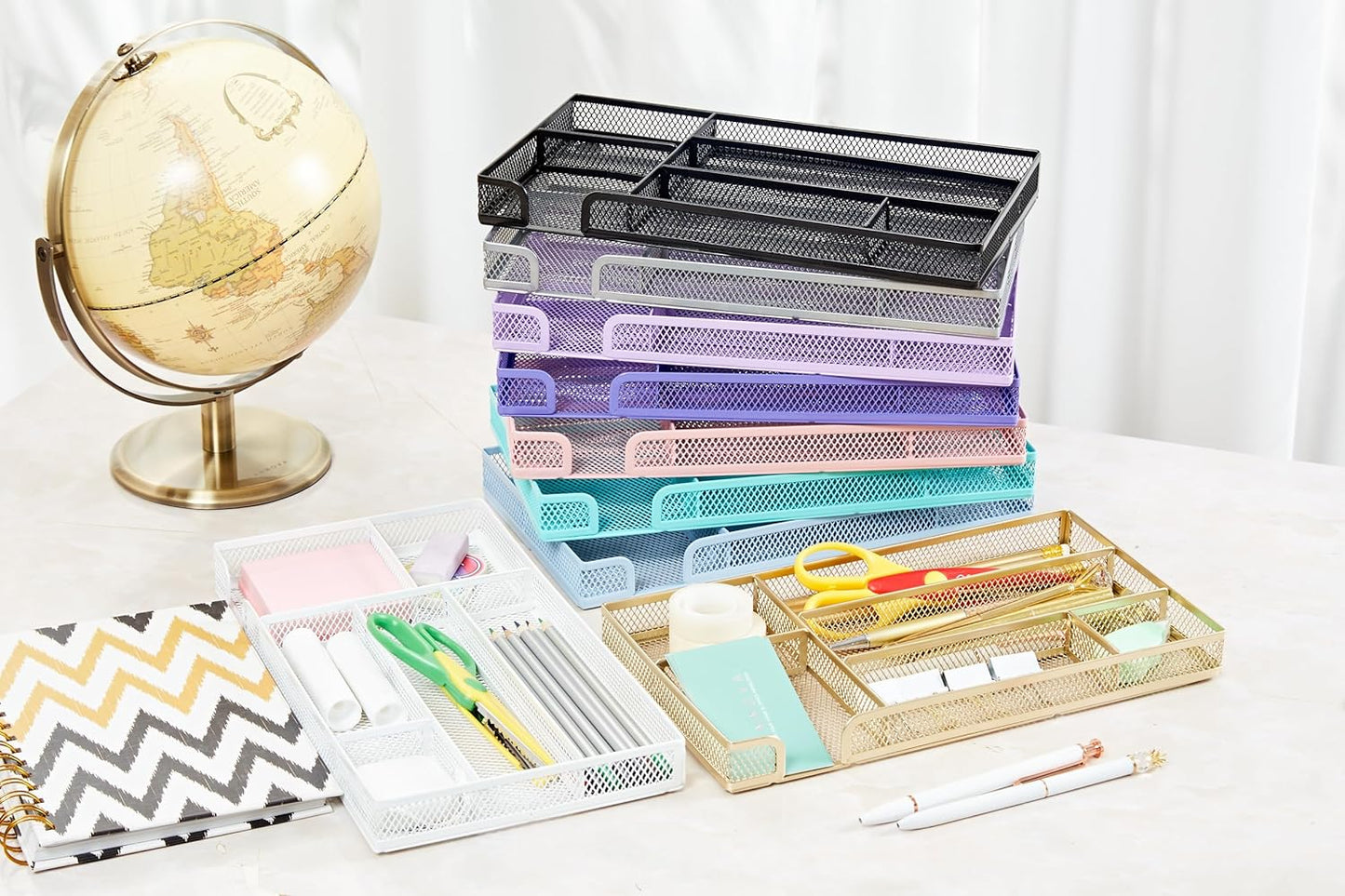 Annova Desk Drawer Organizer Tray for Office Organization - Metal Mesh - Storage Tray with Dividers for Pens, Desktop Accessories, Bathroom, Kitchen, Makeup and Office Supplies (Small, Turquoise)