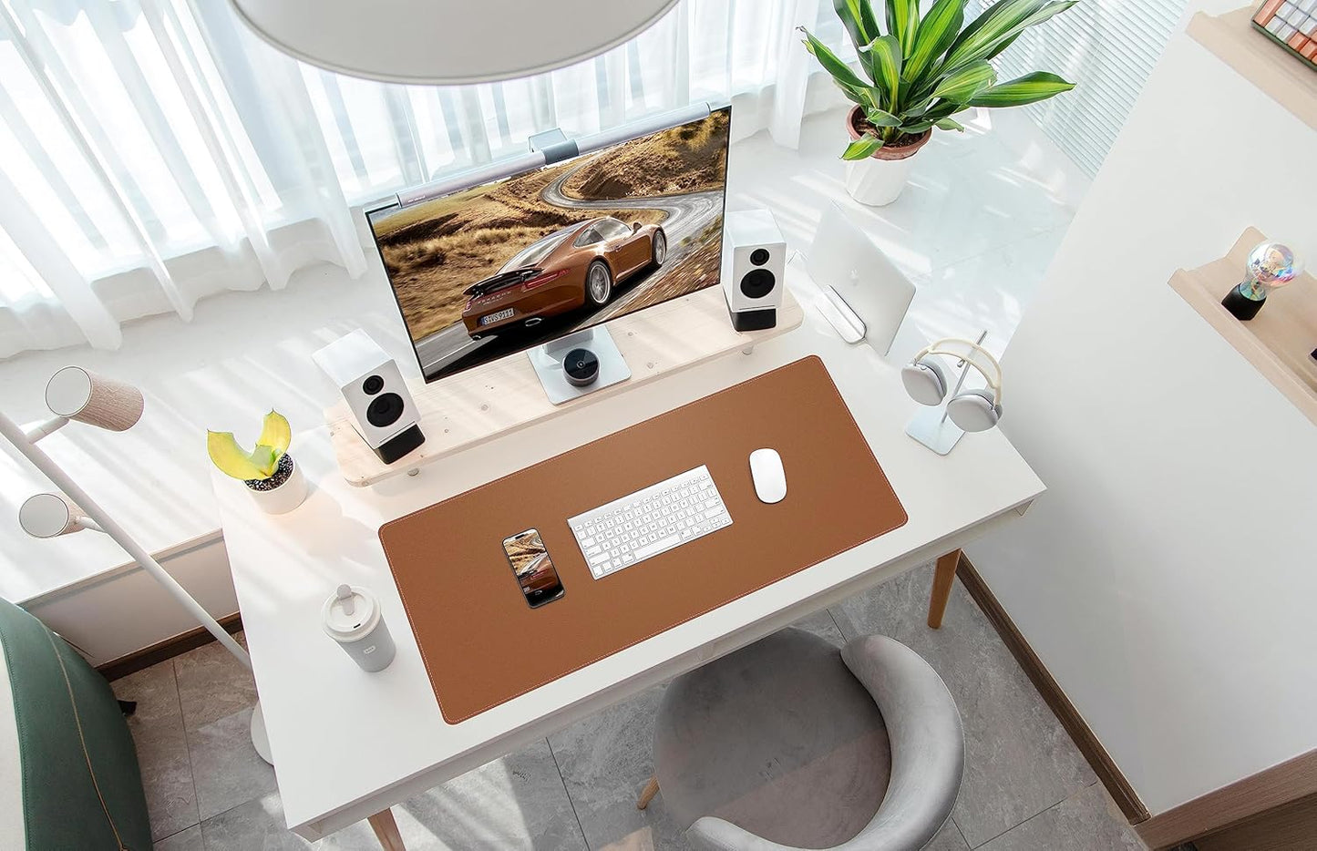 Leather Desk pad Protector, Large Desk mat with Natural Cork & PU Leather,Mouse pad,Non-Slip Office Desk Mat,Waterproof Desk Writing Pad for Office and Home (35in*17in, Brown)