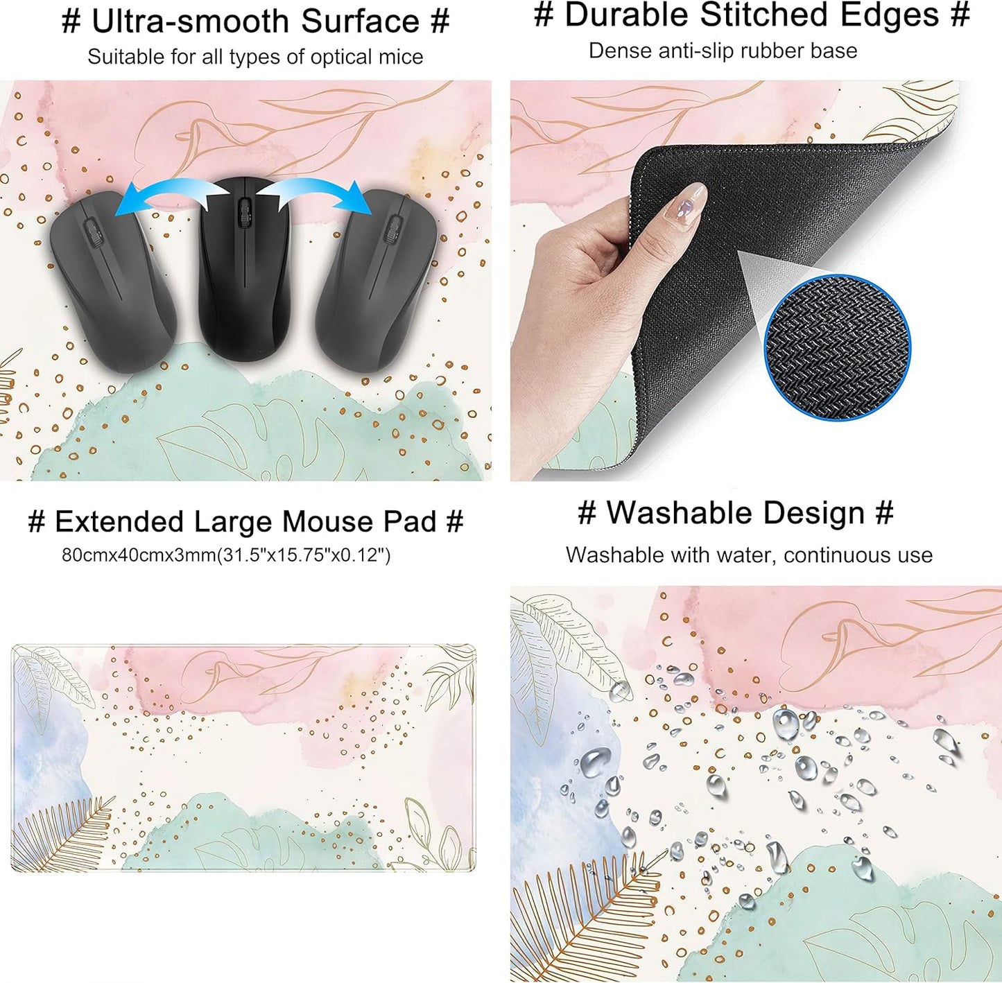 Boho Pastel Painting Mouse Pads, Abstract Mousepad XXL,Extended Mouse Pad for Keyboard & Wireless Mouse,Cute Large Desk Protector Mat Full Desk Gaming Mice Pad for Office Home 31.5x15.75 in