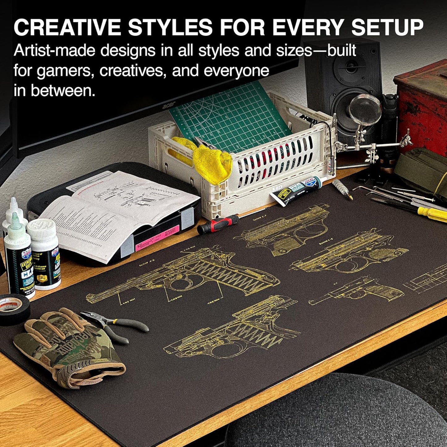 MPCO. Blueprints Large Gaming Desk Pad - 36" x 17" Duraglyde Fabric Pistol 38 – Black/Yellow Desk Mats - Non-Slip, Washable, Smooth Glide for Precision Gaming & Work