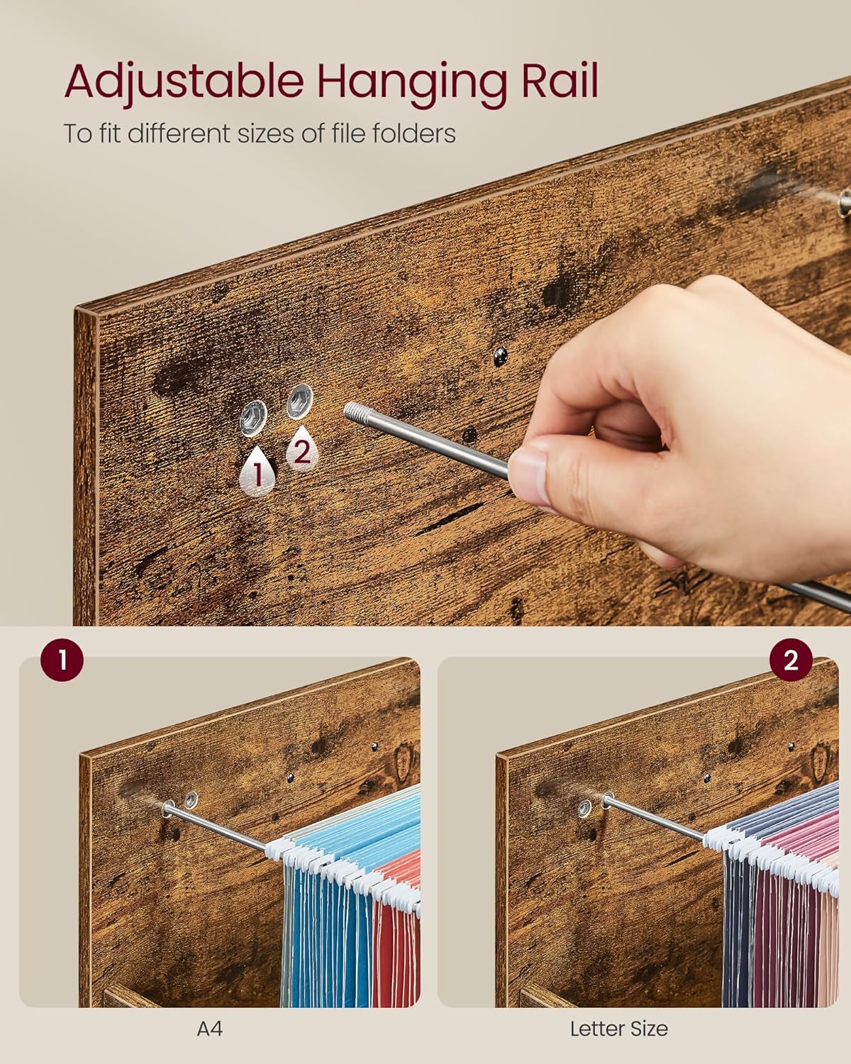 VASAGLE File Cabinet, Home Office Filing Cabinet with Height-Adjustable Open Shelves, 3 Drawers, for A4, Letter-Size Hanging File Folders, Steel Frame, for Home Office, Rustic Brown UOFC078B01