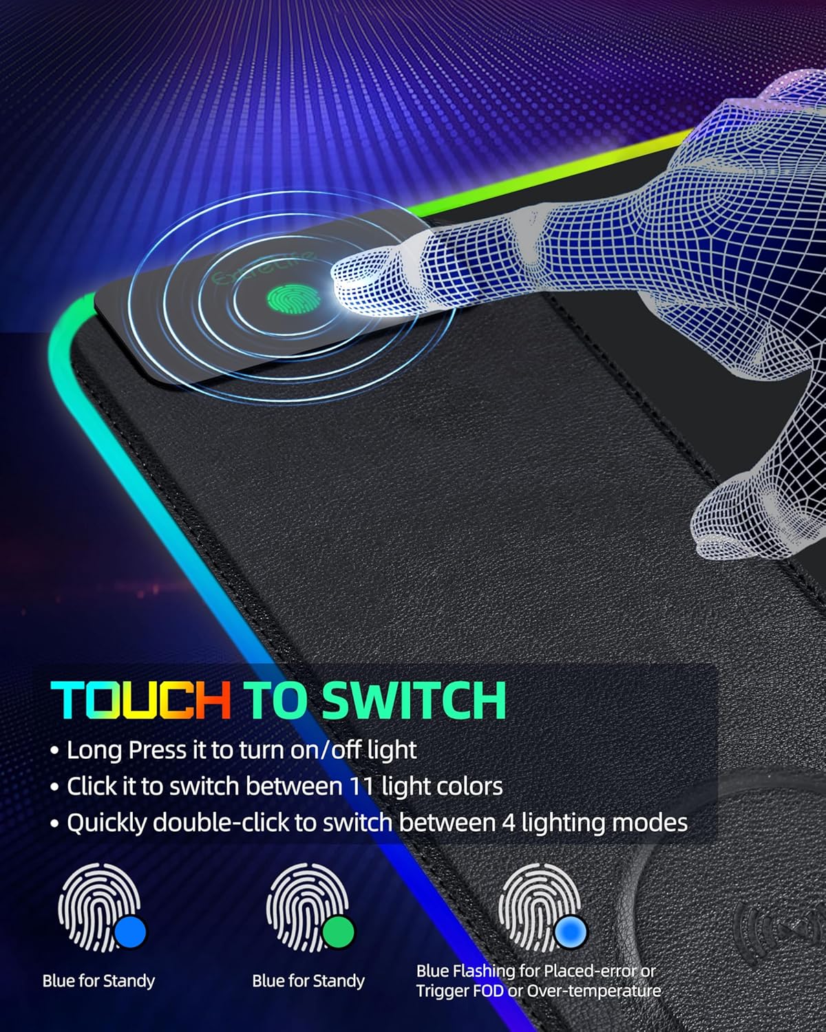 Mouse Pad with Wireless Charging, RGB Gaming Desk Mat, Large XXL Desk Pad, 15 Lighting Modes, Ultra-Smooth Surface, Non-Slip Mouse Mat, Waterproof Computer Keyboard Pad for Gamer, 800x400x4MM, Black