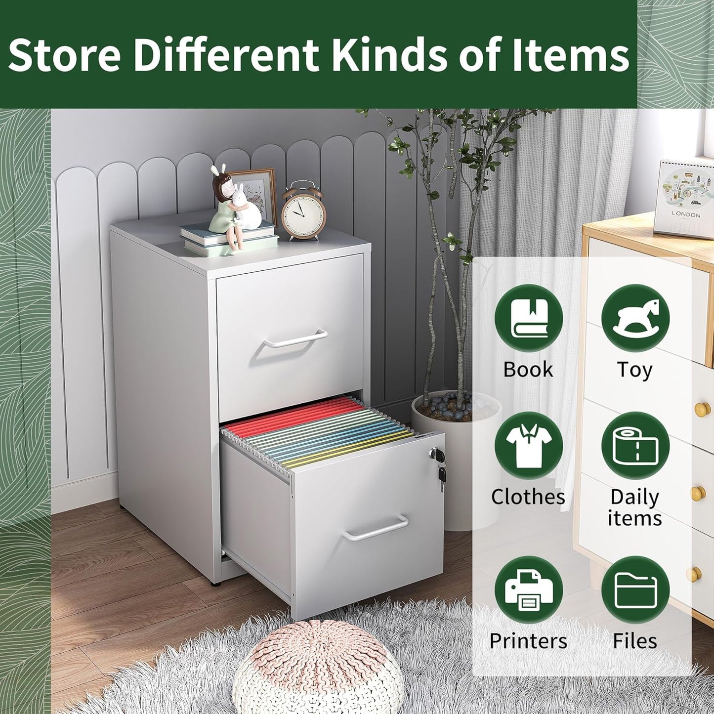 2 Drawer File Cabinet with Lock, Vertical File Cabinet with Lock, Locking File Cabinet Hanging Files for A4/ Legal/Letter,White