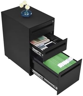 NBF Stahl Office Files Pedestal Cabinet - Three Drawer File Cabinet with Lock - Black Steel Office Filing Cabinets - Modern Mobile File Cabinet Document Storage (20.6" D x 14.7" W x 26.24" H)