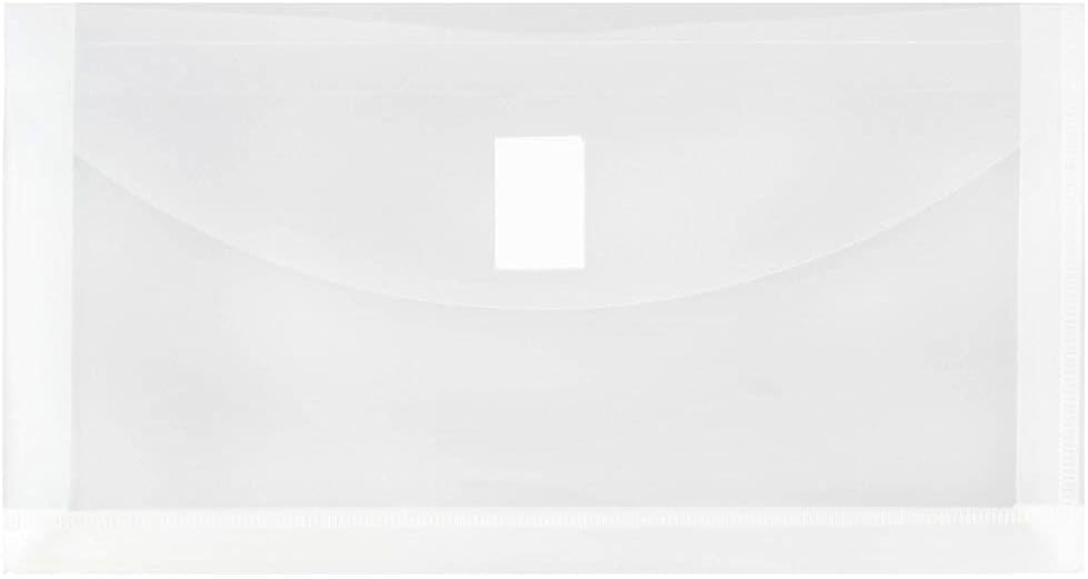 JAM PAPER Plastic Expansion Envelopes with Hook & Loop Closure - #10 Booklet Wallet - 5 1/4 x 10 with 1 Inch Expansion - Clear - 12/Pack