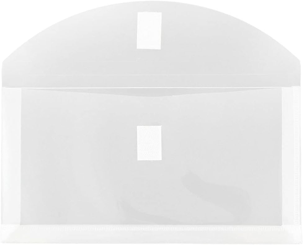 JAM PAPER Plastic Expansion Envelopes with Hook & Loop Closure - #10 Booklet Wallet - 5 1/4 x 10 with 1 Inch Expansion - Clear - 12/Pack
