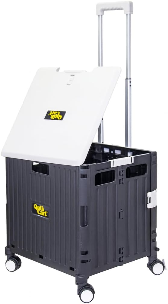 dbest products Quik Cart Swing Lid Four Swivel Wheeled Rolling Crate Teacher Utility with seat Heavy Duty Collapsible Basket with Dual Telescopic Wagon Handle