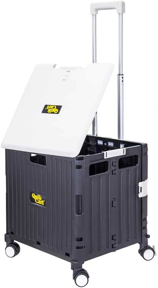 dbest products Quik Cart Swing Lid Four Swivel Wheeled Rolling Crate Teacher Utility with seat Heavy Duty Collapsible Basket with Dual Telescopic Wagon Handle