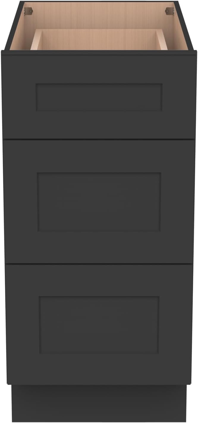 Shaker Style Charcoal Black RTA Base Drawer Cabinet - Solid Wood 3-Drawer Design with Soft Close Feature, 15" W x 24" D x 34.5" H, Perfect for Standalone Use or Kitchen Cabinet Combinations