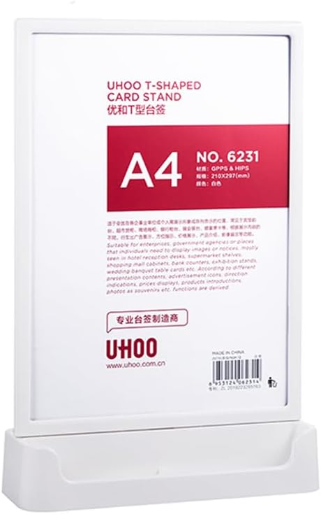 ABS Plastic Sign Holder, Menu Displays T Shape Sign Stand with Business Card Holder, Plastic Display Stand for Ads, Menu, Photos, Business Card (White A4 210×297mm/8.27×11.69 inches)
