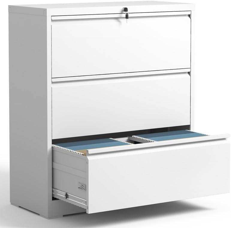Lateral File Cabinet 3 Drawer, Metal File Cabinets for Home Office Legal/Letter A4 Size, File Cabinet with Lock, Require Assembly, White
