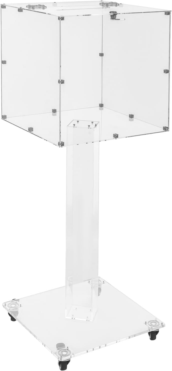 Suggestion Box with Stand, Floor Standing Offering Box with Wheels, Acrylic Locking Ballot Collection Safe Box for Voting Contest Charity Donation Church Election (Transparent (Bar Opening))