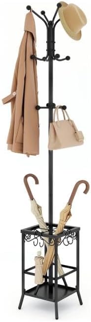 Hoctieon Coat Rack Freestanding, Coat Tree with Umbrella Holder, Metal Coat Rack Stand with 12 Hooks, Standing Coat Hanger Stand, Umbrella Stand for Entryway, Hat Rack Stand for Home Office, Black