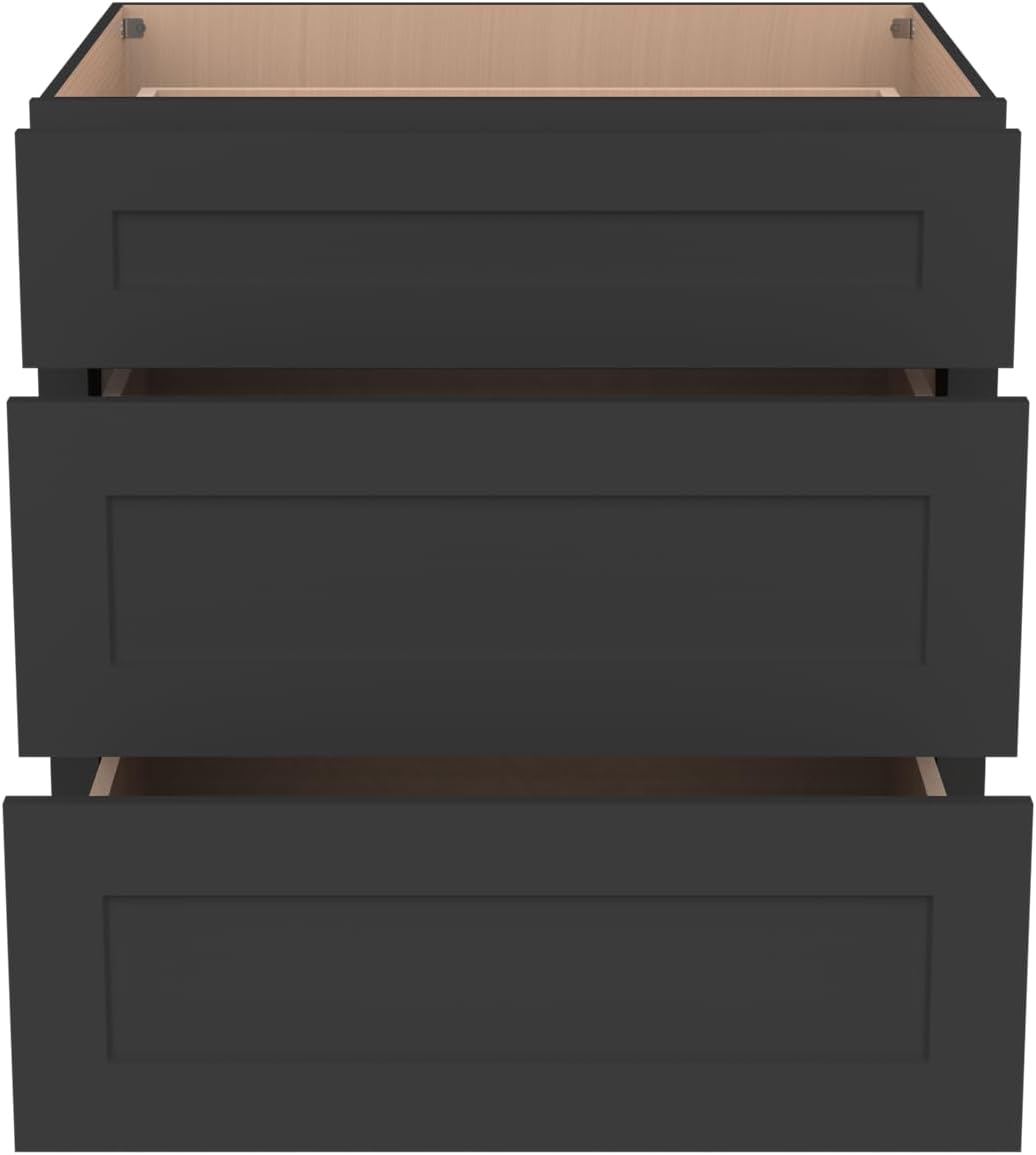 Shaker Style Charcoal Black RTA Solid Wood Base Cabinet with 3 Drawers and Soft Close Feature, 27" W x 24" D x 34.5" H, Perfect for Standalone Use or Kitchen Cabinet Combinations
