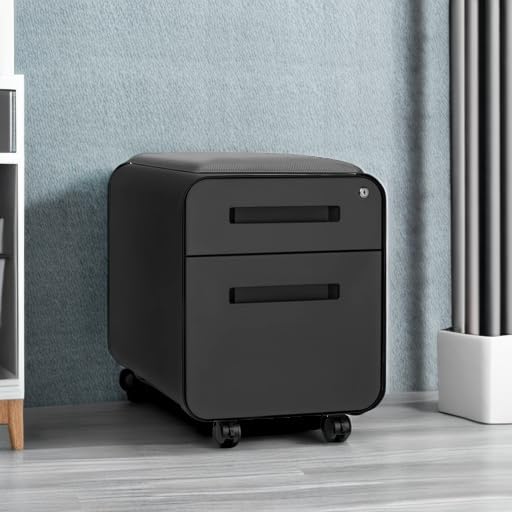 Laura Davidson Furniture STOCKPILE Mini Seated 2 Drawer Mobile File Cabinet with Removable Magnetic Cushion Seat - Short Version, Metal Filing Cabinet, Pre-Assembled, Black with Grey Cushion