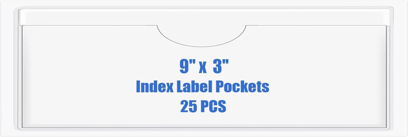 Origin-Joy 25 PCS Self-Adhesive Index Label Pockets, Clear Plastic Peel & Stick Card Holders with Top Open for Loading (9 x 3 inch)
