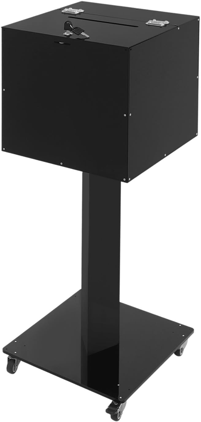 Suggestion Box with Stand, Floor Standing Offering Box with Wheels, Acrylic Locking Ballot Collection Safe Box for Voting Contest Charity Donation Church Election (Black (Bar Opening))