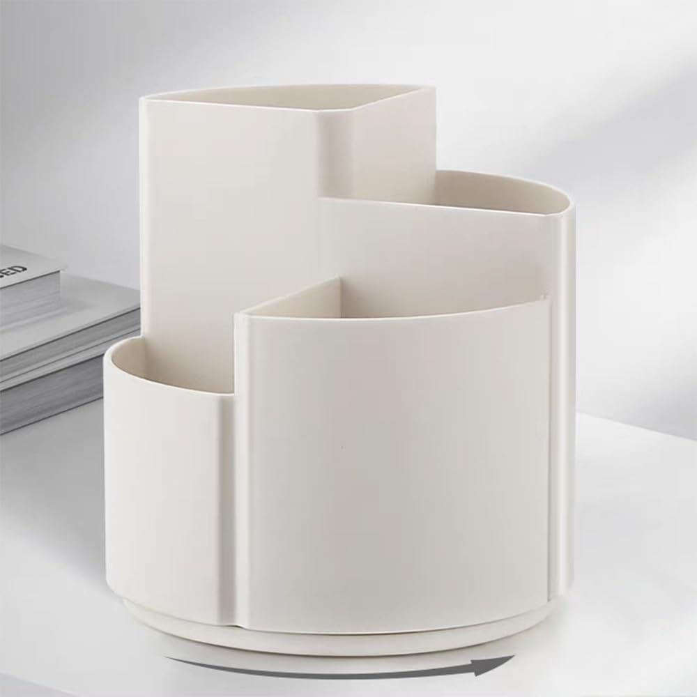 OWLFAVO Desk Pencil Pen Holder, 4 slots 360-Degree Spinning Desk Organizers, Rotating Desktop Storage Stationery Supplies for School, Home, Office, Kitchen, Makeup Brush, Ivory White