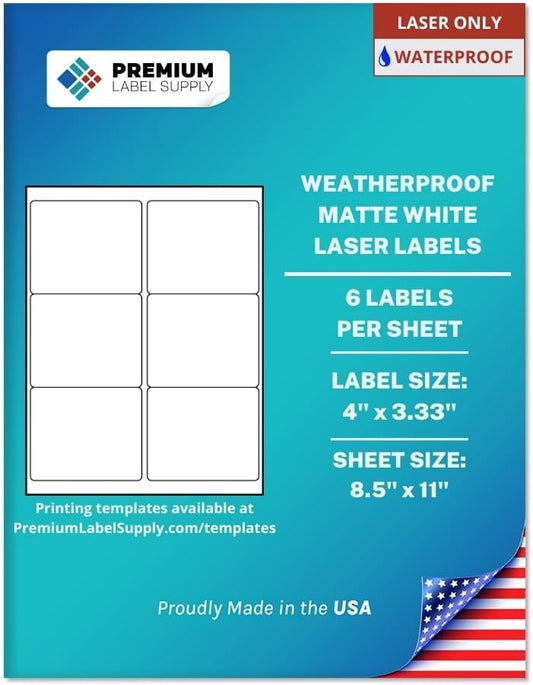 Premium Label Supply Waterproof Matte White Sticker Labels – 4" x 3.33" – Laser Printers Only – (6 per Sheet), 100 Sheets - 600 Total Adhesive Labels