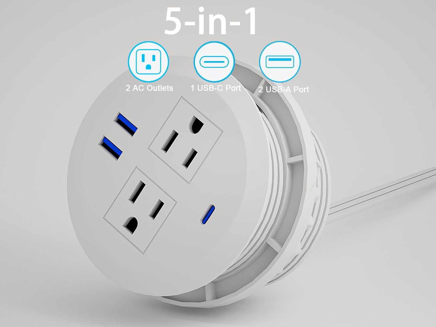 2PCS 3 Inch Desktop Power Grommet,20W USB C Fast Charging Station,3-USB Port,Flush Mount,6.5 ft Power Cord.Round Recessed Power Strip,Desk Hole Grommet Outlet for Workspace,White