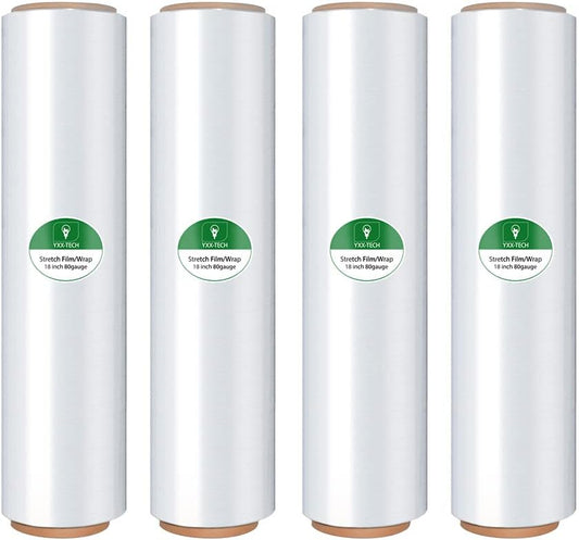 Stretch Wrap Roll - Heavy Duty Industrial Strength 18inch 1500ft,Clear Cling Shrink Wrap Film Roll 80 Gauge - Ideal for Furniture, Moving, Shipping, and Pallet Packing(Clear-4Pack)