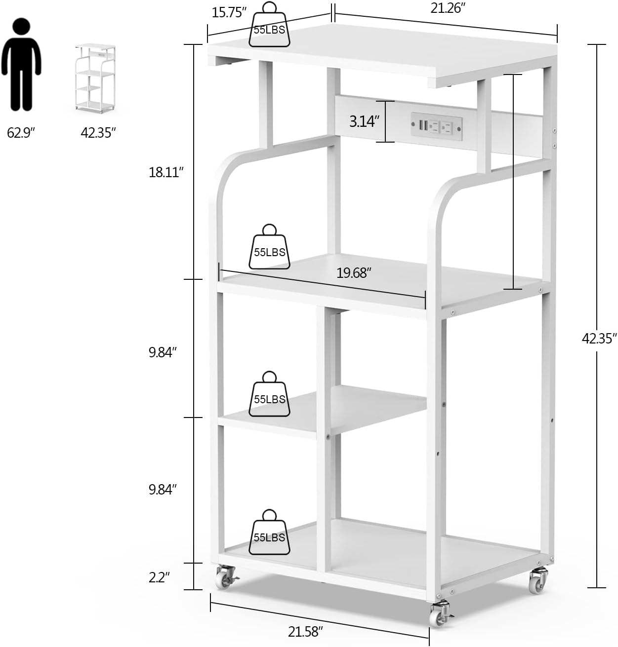 VEDECASA Mobile High Printer Stand with Power Outlet Charging Plugs USB Port Office Storage Shelf Includes Computer Tower CPU Stand Holder with Wheel (White)
