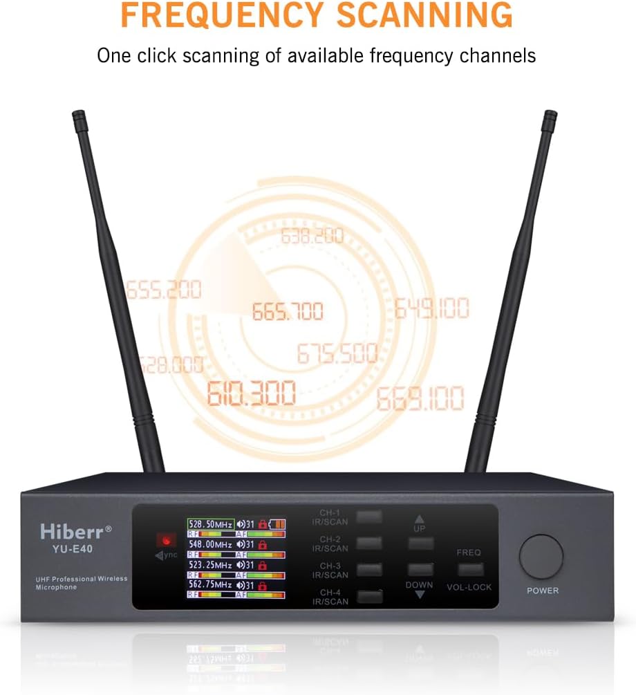 Wireless Microphone System, 4 Channels Adjustable UHF Wireless Microphone Headset Metal Shell Vocal Wireless Mic Lapel for Church, Party, Singing, SpeechYU-E40B Cordless Microphone