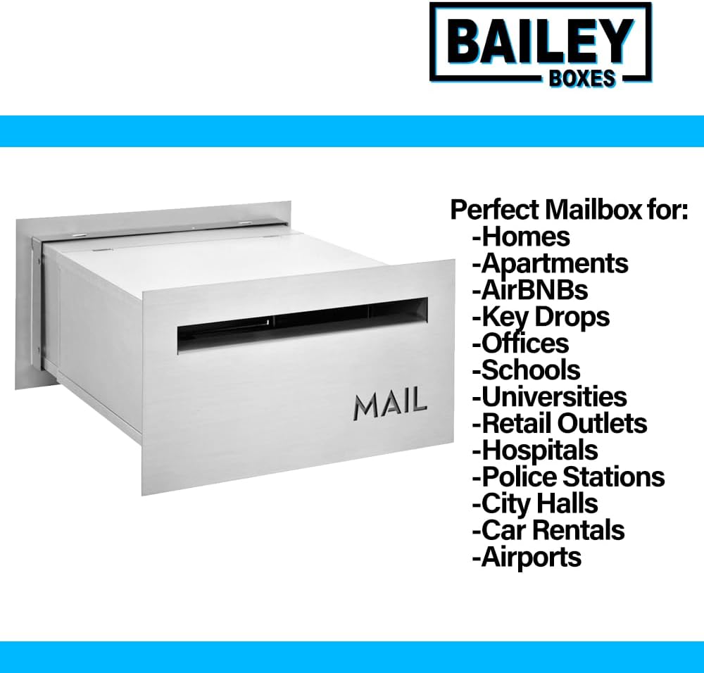 Brick-in Chute Through The Wall Stainless Steel Mailbox - Modern Architectural Locking Design - 8.75" H x 15.75" W - Enhance Your Home with The Melton from Bailey Boxes
