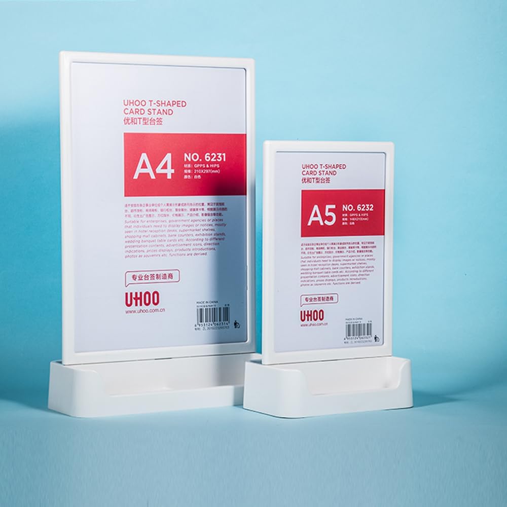 ABS Plastic Sign Holder, Menu Displays T Shape Sign Stand with Business Card Holder, Plastic Display Stand for Ads, Menu, Photos, Business Card (Black A5 148×210mm/5.83×8.27 inches)