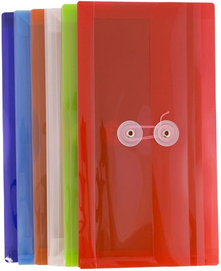 JAM PAPER Plastic Envelopes with Button & String Tie Closure - #10 Business Booklet - 5 1/4 x 10 - Assorted Colors - 6/pack
