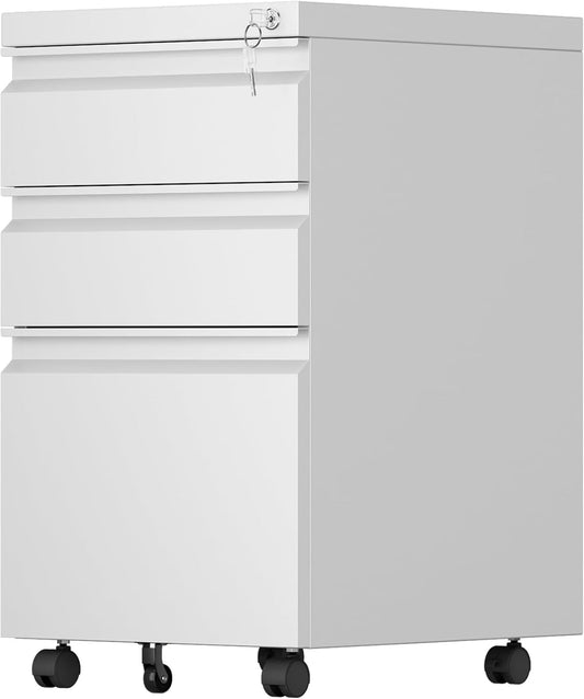 3 Drawer Mobile File Cabinet with Lock, Under Desk Metal Filing Cabinet for Office,Home,A4/Legal/Letter Size, Fully Assembled (White)