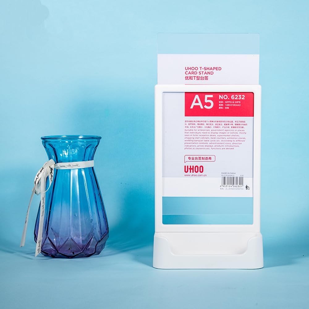 ABS Plastic Sign Holder, Menu Displays T Shape Sign Stand with Business Card Holder, Plastic Display Stand for Ads, Menu, Photos, Business Card (White A5 148×210mm//5.83×8.27 inches)